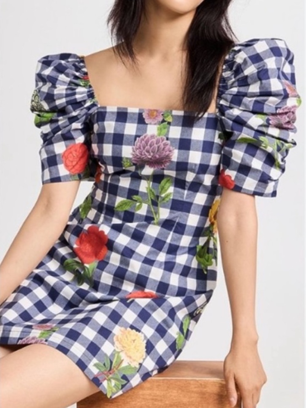 Cara Cara Kelly Gingham Floral Puff-Sleeve Mini Dress Sz S Cottagecore - Picture 4 of 16